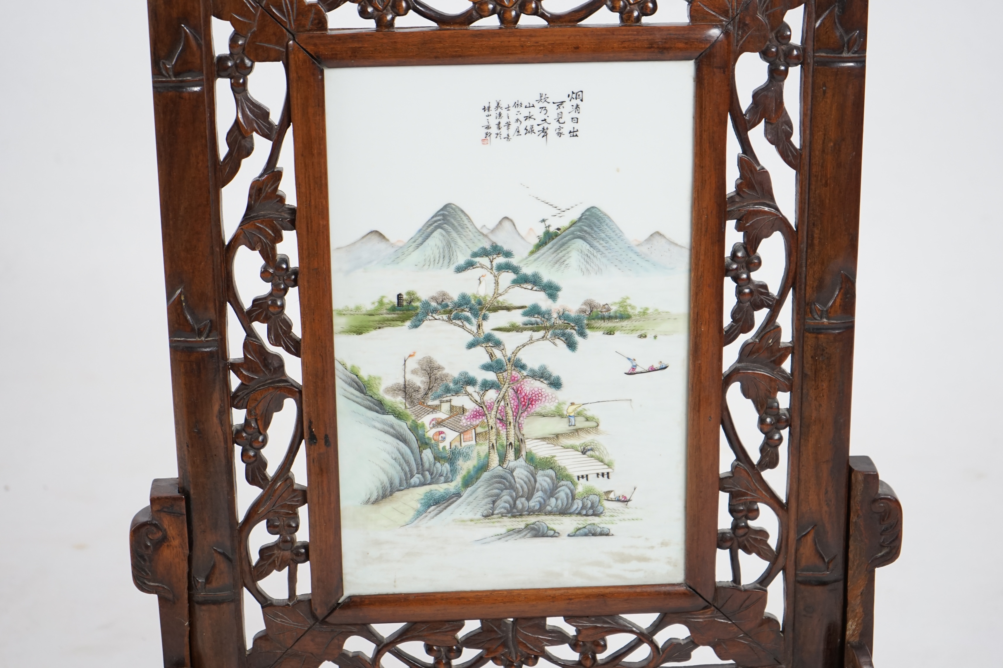 A Chinese enamelled porcelain and hongmu framed table screen, Republic period